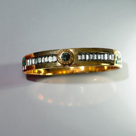 Victoria's Secret Hinged Gold Bangle With Green Botanical Design 2.5" Diameter - Picture 2 of 6